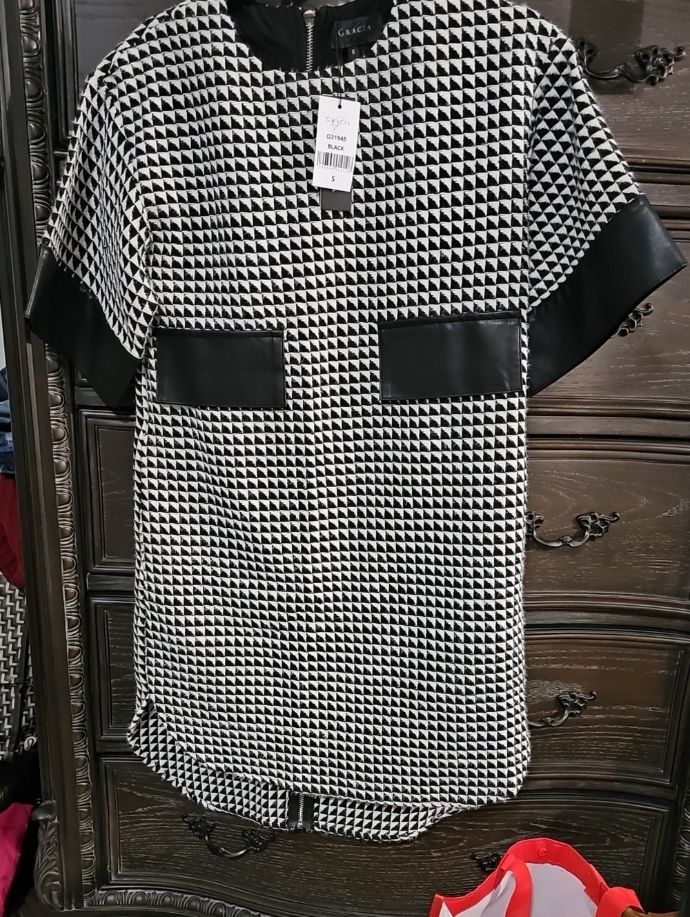 Gracia Black and White Geometric Shift Dress with Faux Leather Trim